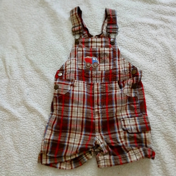 Vintage Baby Q Red and Brown Plaid Overalls with Adjustable Straps - Picture 1 of 3